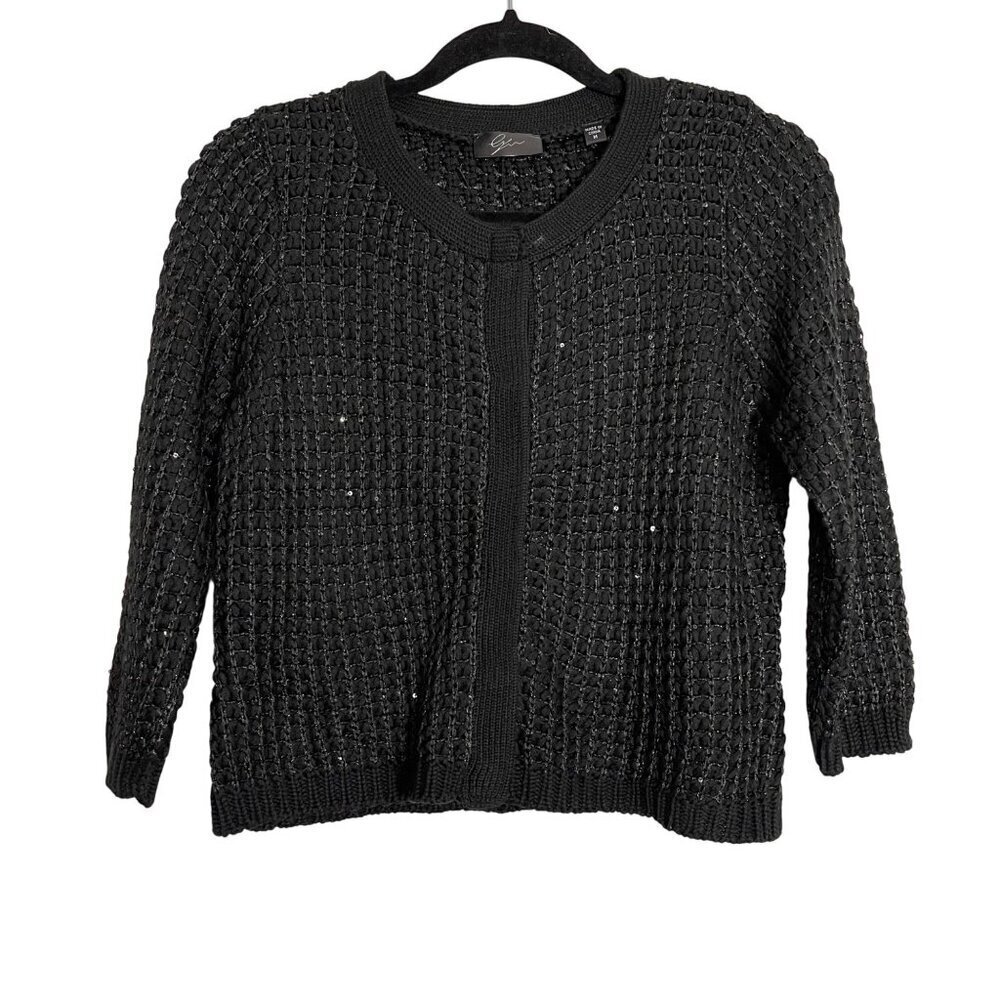 NWT EYN Womens Black Crochet Cardigan Sweater metallic size medium hidden snaps